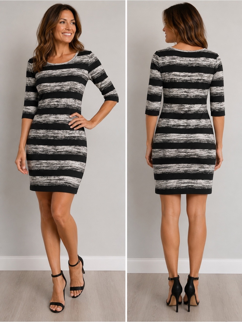 Suzy Shier Black Gray Striped Knit Sheath Dress 3/4 Sleeve S/M
